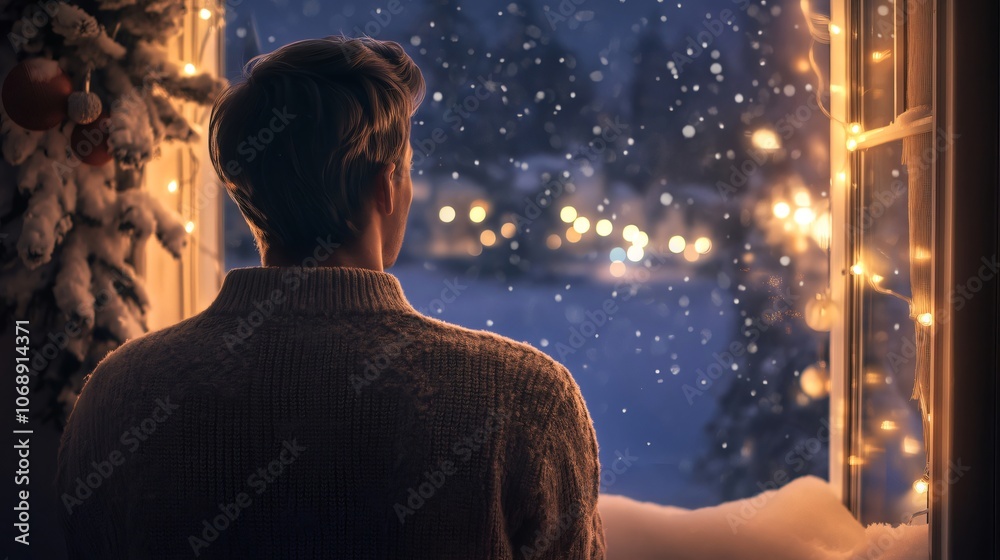 Fototapeta premium Man is enjoying the view of a snowy landscape outside his window, with Christmas lights adding to the cozy atmosphere