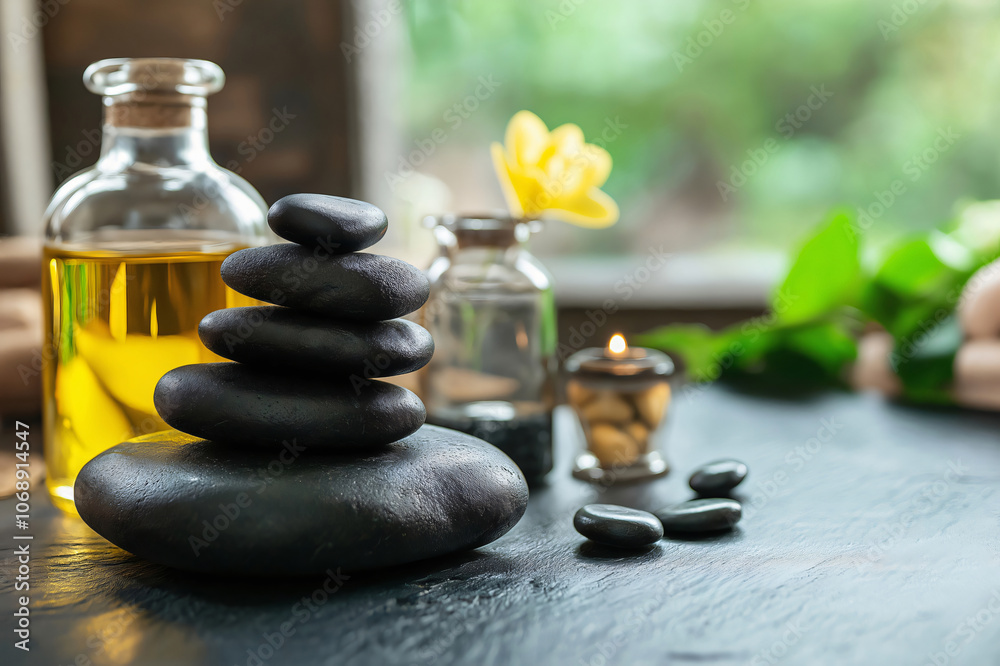 Black spa stones are stacked on a black table creating a relaxing atmosphere for a massage therapy session