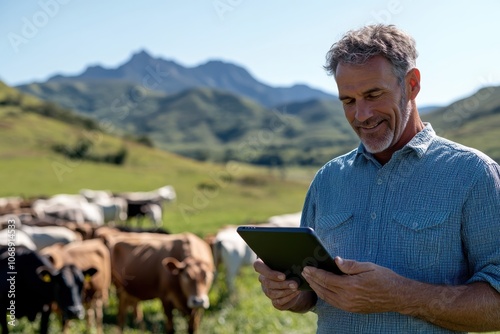A farmer stands with a tablet in hand, overseeing a herd of cattle in a lush, green pasture with scenic mountains in the background, embracing technology in farming. photo