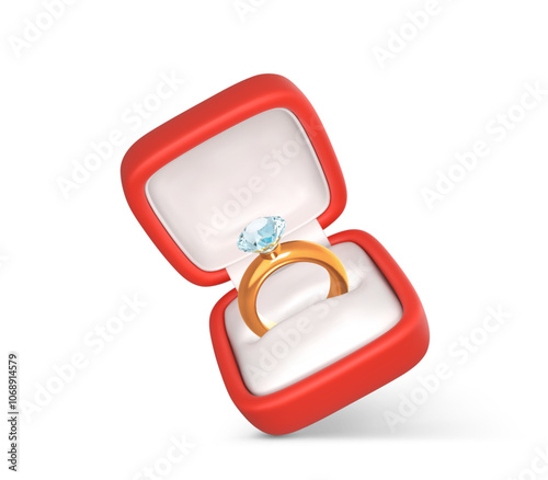 Wedding gold ring with diamond in red case. Engagement ring with precious stone in open box. Accessory for marriage proposal. Vector illustration