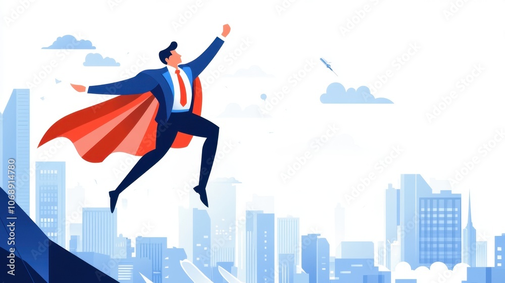 Businessman in Superhero Pose Above Cityscape Businessman in Superhero Pose Above Cityscape
