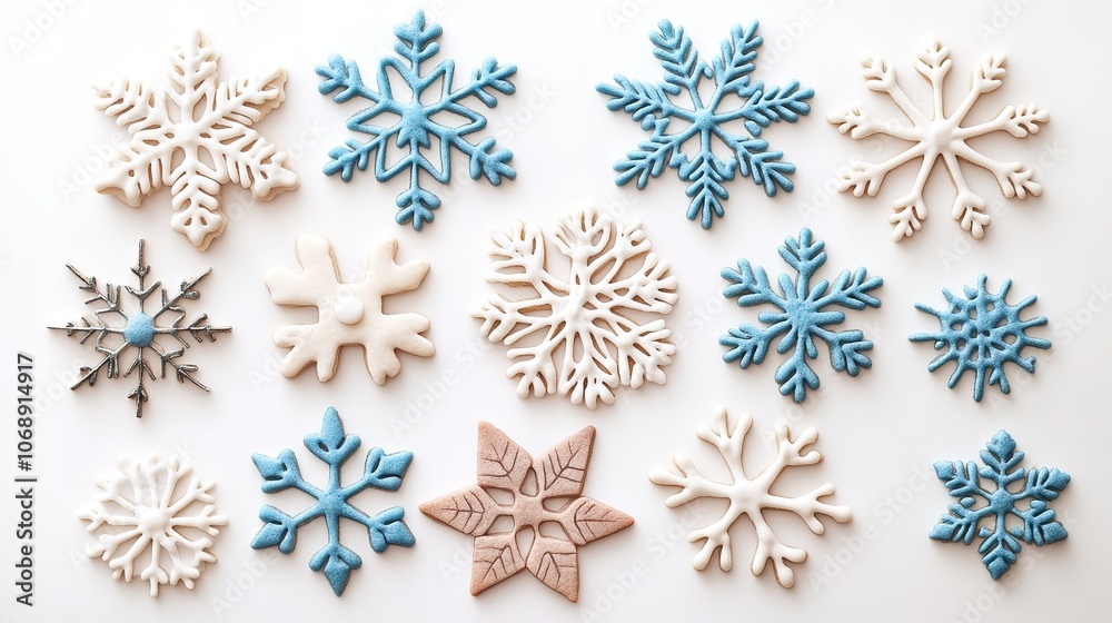 Assorted 3D printed snowflakes in cool tones Assorted 3D printed snowflakes in cool tones