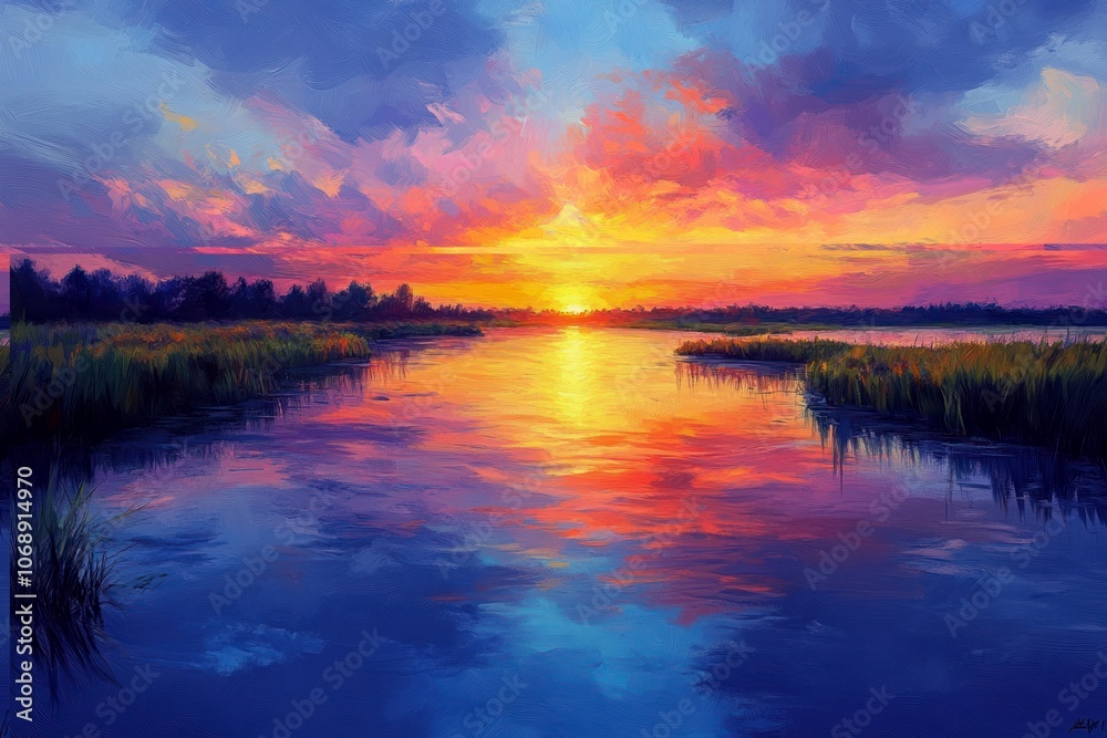 A vibrant sunset over a still lake, reflecting the warm hues of the sky in the water. A vibrant sunset over a still lake, reflecting the warm hues of the sky in the water.