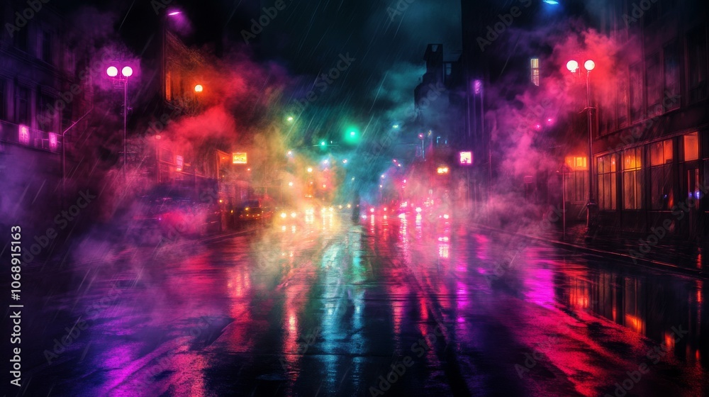Dark, moody street scene with reflections on wet asphalt, neon lights, and smoke for an atmospheric urban background Dark, moody street scene with reflections on wet asphalt, neon lights, and smoke for an atmospheric urban background