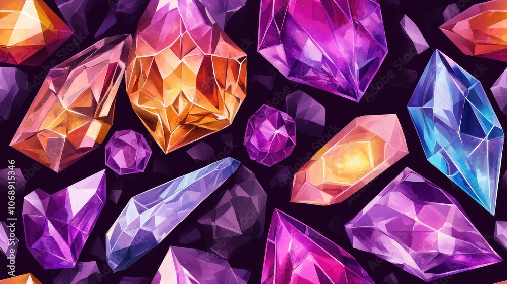 Colorful seamless pattern of diamond rock jewelry mineral with geometric quartz and amethyst gem motifs perfect for fabric or wallpaper design Colorful seamless pattern of diamond rock jewelry mineral with geometric quartz and amethyst gem motifs perfect for fabric or wallpaper design