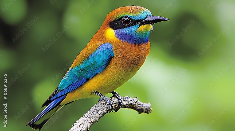 Obraz premium Colorful Bird Perched on Branch in Green Forest