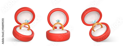 Engagement rings with precious stone in open boxes. Wedding gold ring and diamond in red case. Accessory for marriage proposal. Vector illustration