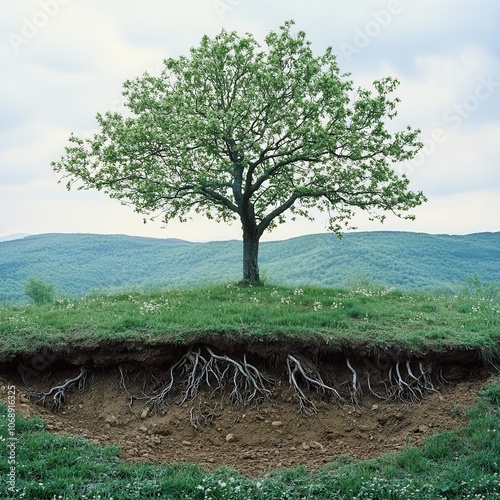 Tree with Roots Exposed on a Scenic Landscape