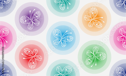 Vector seamless white spring pattern with openwork butterflies on multicolored circles