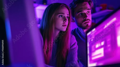 A young woman and a man stand in front of a computer, looking at the monitor together with focused expressions and bright purple lighting