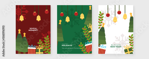 Festive Christmas Greeting Cards with Love and Joy Theme. A collection of three Christmas-themed greeting cards. Each card features festive elements. Perfect for holiday celebrations