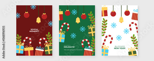 Festive Holiday Cards with Love and Joy Themes. Set of three festive holiday cards featuring love and joy themes with ornament designs. Perfect for spreading cheer during the holiday season