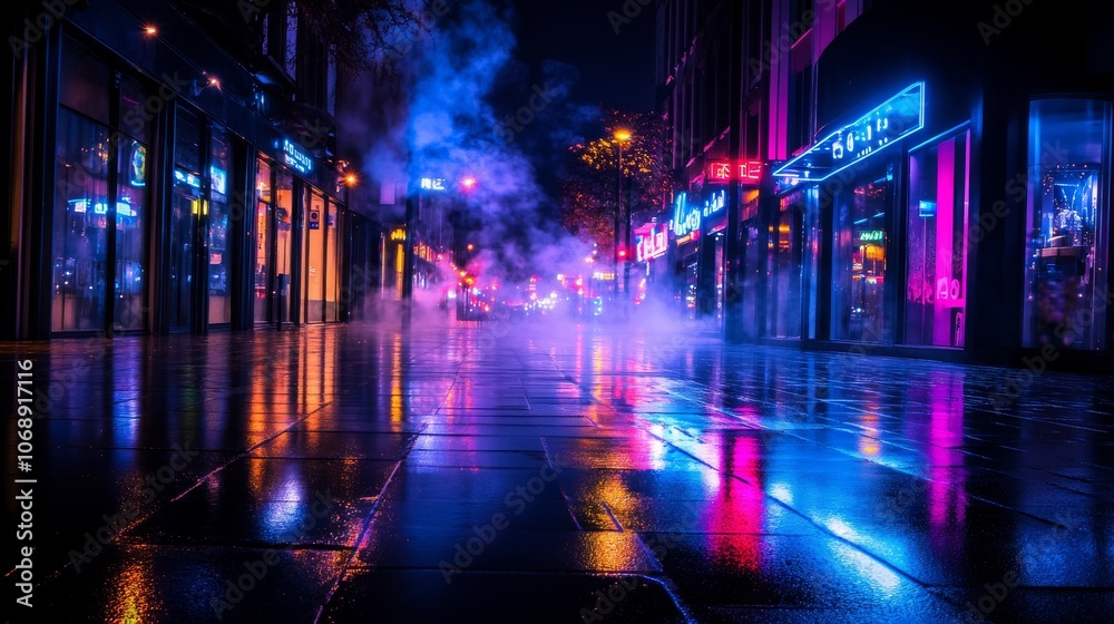 Empty nighttime street scene, neon lights reflecting on wet pavement and smoke-filled atmosphere; abstract and mysterious. Empty nighttime street scene, neon lights reflecting on wet pavement and smoke-filled atmosphere; abstract and mysterious.