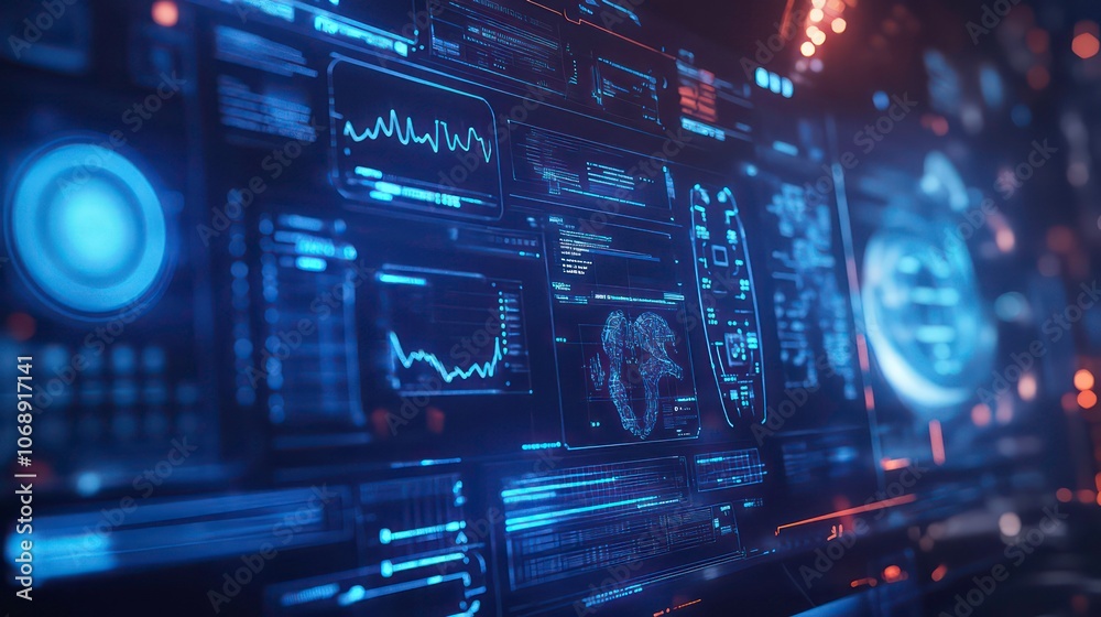 A futuristic interface displaying data analytics and digital information.