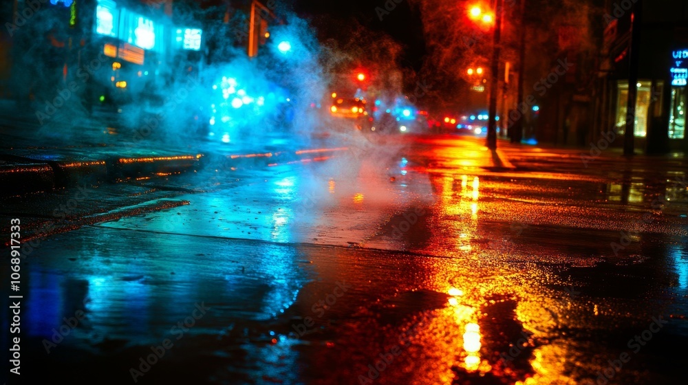 Empty nighttime street scene, neon lights reflecting on wet pavement and smoke-filled atmosphere; abstract and mysterious. 