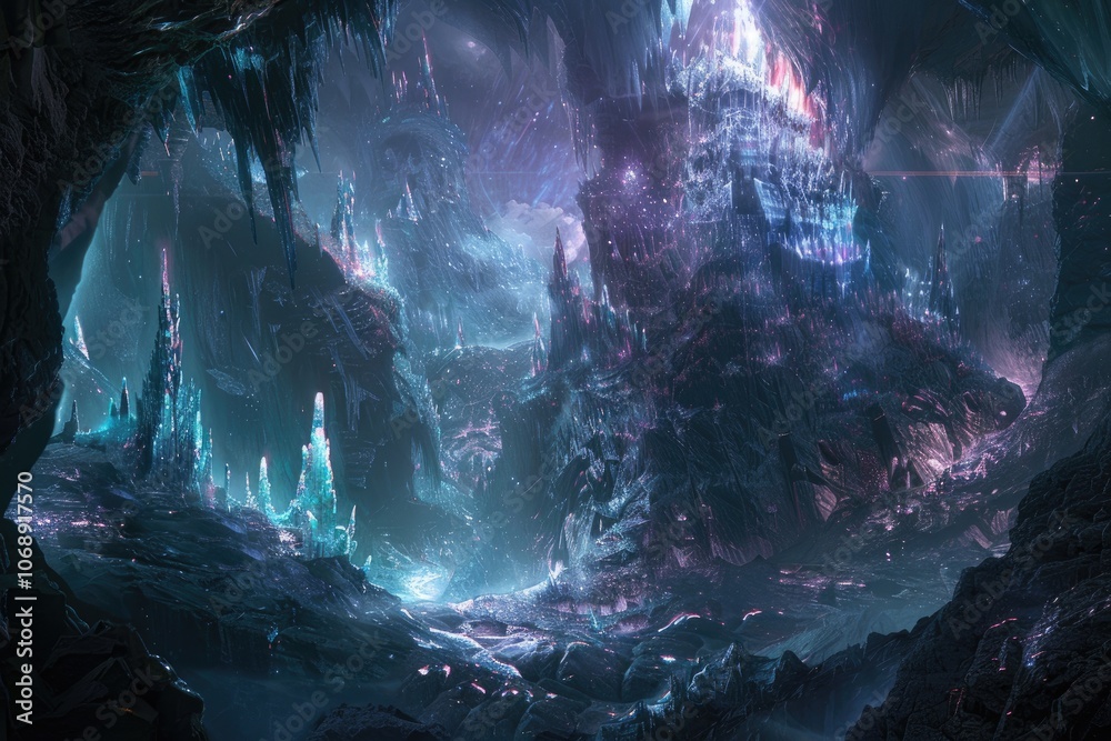Glowing Crystal City In A Dark, Mystical Cave Glowing Crystal City In A Dark, Mystical Cave
