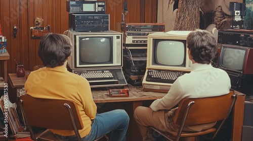 Two men sit in front of CRT monitors, likely playing a video game or using computers, in a retro-style room with wood paneling.
