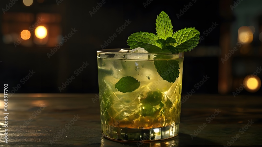 Cold and Refreshing Mint Julep with Fresh Mint Leaves Beautifully Served on the Bar Counter: Inviting Cocktail Experience Cold and Refreshing Mint Julep with Fresh Mint Leaves Beautifully Served on the Bar Counter: Inviting Cocktail Experience