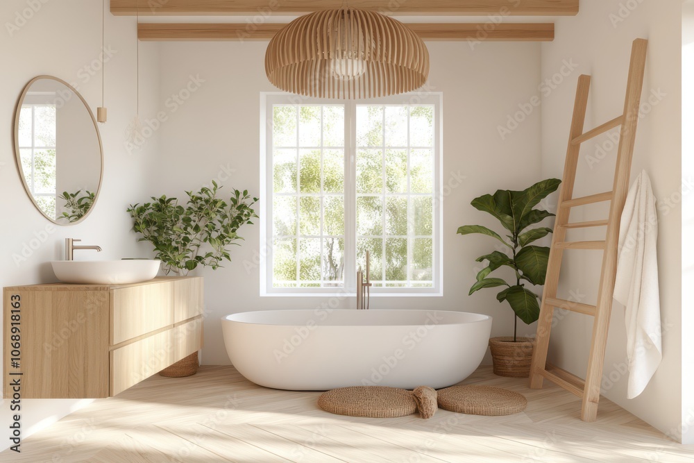 3D boho bathroom design with wooden floor, bathtub, and nature view 3D boho bathroom design with wooden floor, bathtub, and nature view