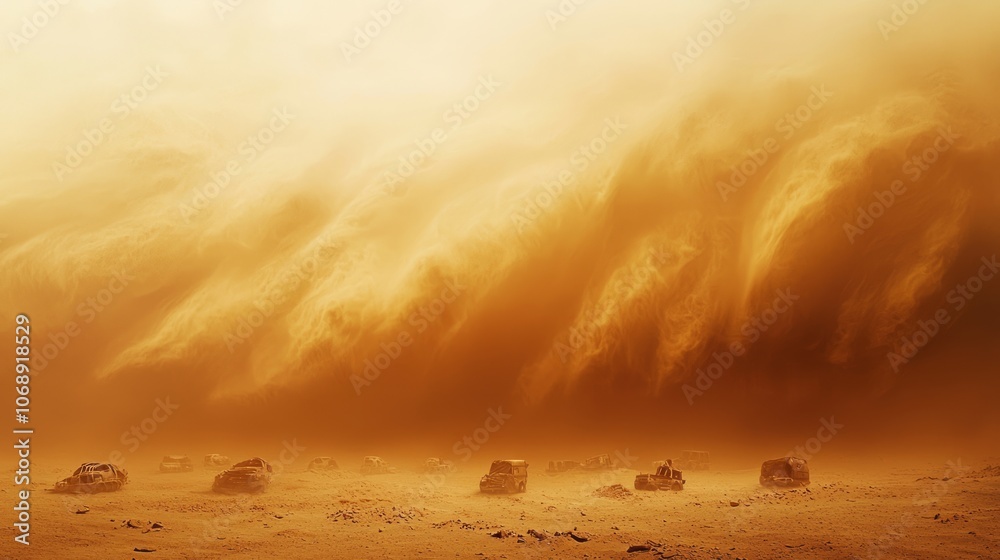 Surviving the Sandstorm: Post-Apocalyptic Dieselpunk Scene of Rugged Survivors Facing Nature's Fury Surviving the Sandstorm: Post-Apocalyptic Dieselpunk Scene of Rugged Survivors Facing Nature's Fury