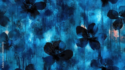 Abstract seamless pattern featuring black tie dye texture and blue nature elements complemented by grunge light effects and vibrant graffiti style