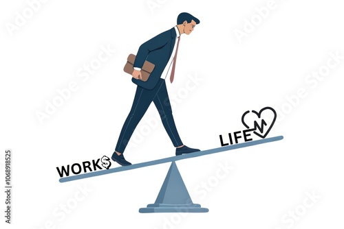 Businessman balancing work and life on seesaw symbolizing work-life balance