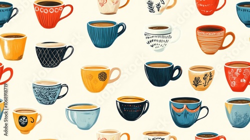 Seamless pattern featuring various coffee cups in vibrant colors perfect for fabric design and home decor