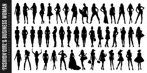 Silhouette of beautiful fashion girl, professional corporate business woman, office people, female model and smart lady in different poses isolated on white background. Young woman lifestyle symbol.