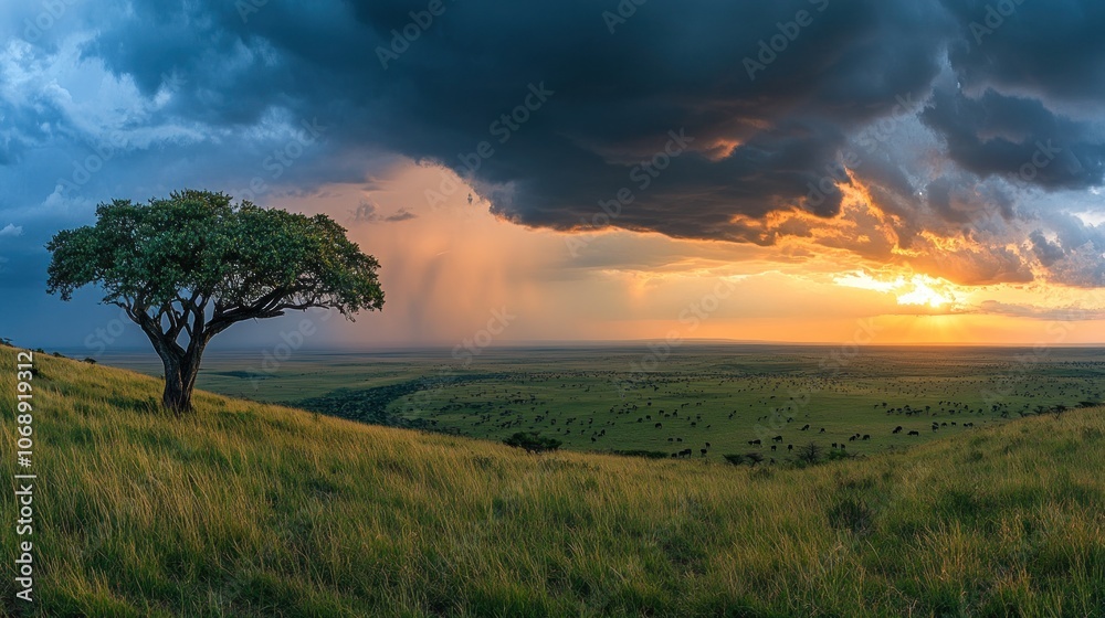 A stunning sunset over a vast landscape with a solitary tree and rain in the distance.