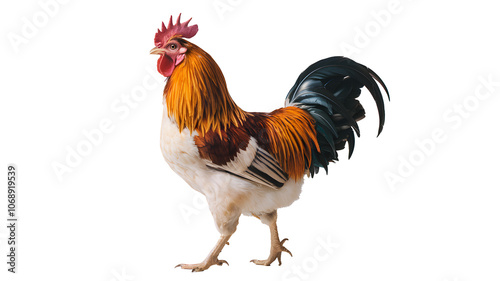 Colorful free range male rooster isolated on Png Background.