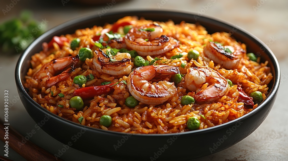 Delicious Shrimp Fried Rice with Peas and Chili Peppers in a Black Bowl Delicious Shrimp Fried Rice with Peas and Chili Peppers in a Black Bowl