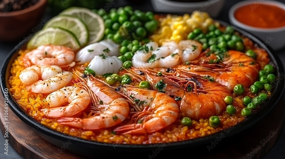 Delicious Shrimp Paella with Green Peas and Corn Delicious Shrimp Paella with Green Peas and Corn