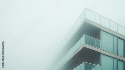 A foggy city skyline with a tall building in the background
