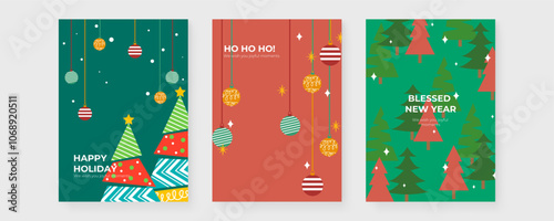 Festive Holiday Greeting Cards With Christmas Decorations. Illustrations of Christmas-themed greeting cards featuring ornament. Perfect for holiday celebrations and spreading joy Christmas season
