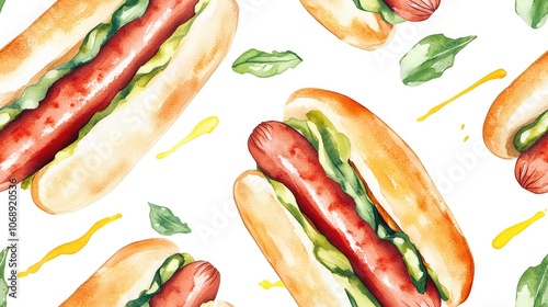 Watercolor illustration of a hand painted hot dog seamless pattern design for food themed projects culinary art photo