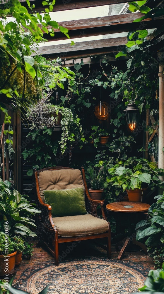 Outdoor Relaxation Area with Lush Greenery, Armchair, and Potted Plants Outdoor Relaxation Area with Lush Greenery, Armchair, and Potted Plants
