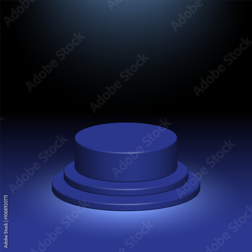 Vector space age dark blue futuristic podium background with three level pedestal and subtle white spotlight
