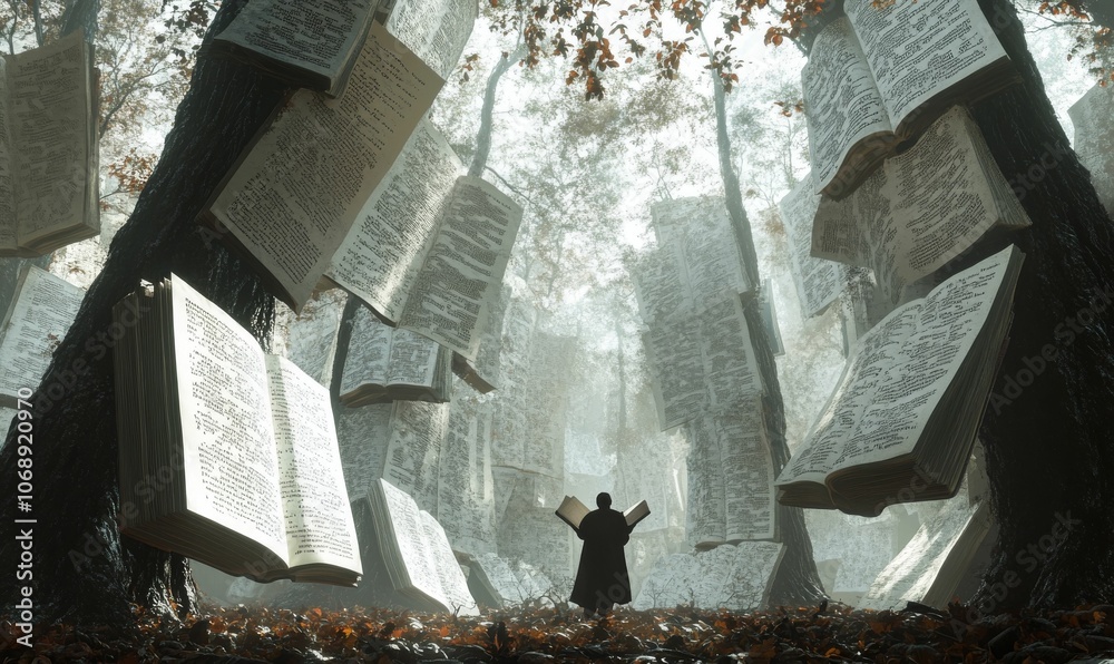 Obraz premium A person stands in a forest of books.