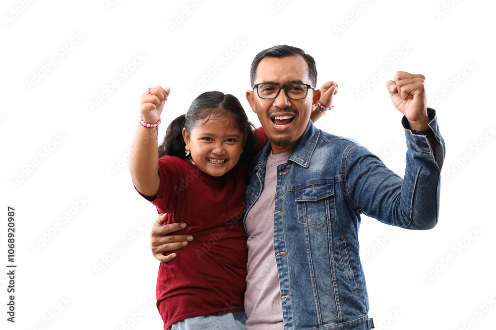 Joyful asian little girl clenching hand with her father. Fathers day. Isolated on white Joyful asian little girl clenching hand with her father. Fathers day. Isolated on white