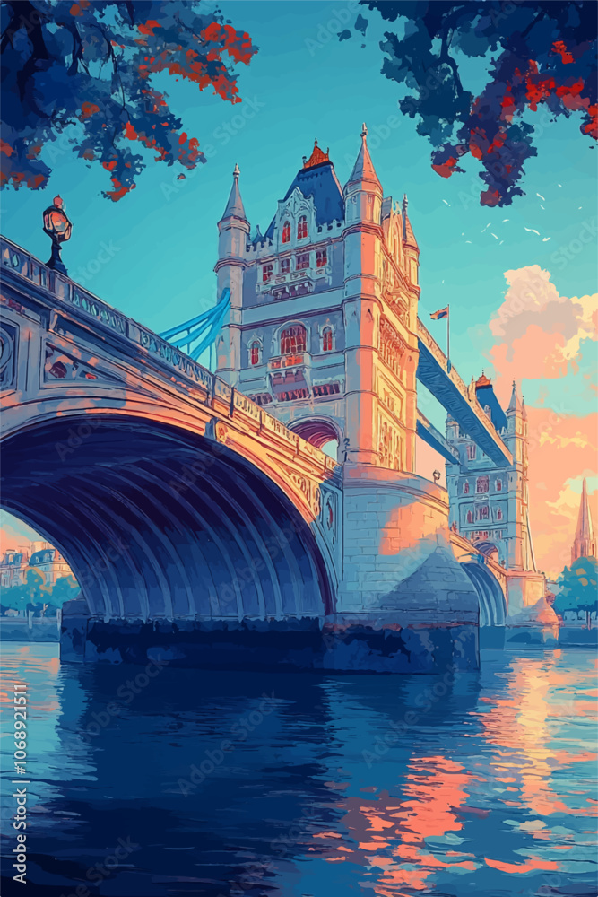 Beautiful illustration of London’s Tower Bridge in warm sunset tones, reflecting on the calm river below. Framed by leafy branches, the pastel sky
