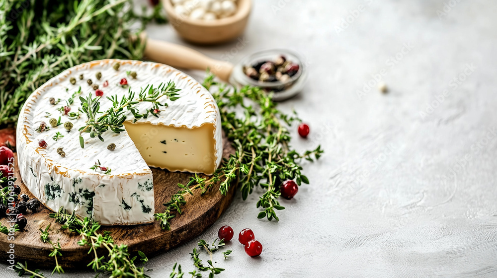 A piece of camembert cheese with herbs on a wooden board. Copy space A piece of camembert cheese with herbs on a wooden board. Copy space