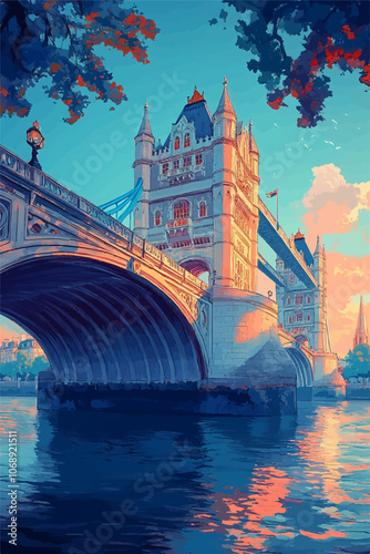 Beautiful illustration of London’s Tower Bridge in warm sunset tones, reflecting on the calm river below. Framed by leafy branches, the pastel sky