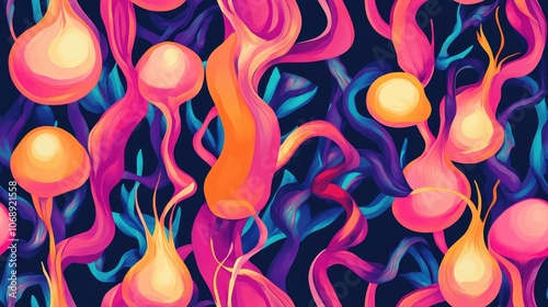 Seamless pattern of bulbous plant roots in vibrant colors digital illustration for textile design