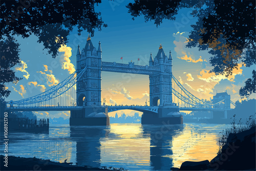 Atmospheric illustration of London’s Tower Bridge at dusk, framed by dark silhouetted trees. The cool blue tones and soft evening light reflecting on the river create a serene and nostalgic ambiance