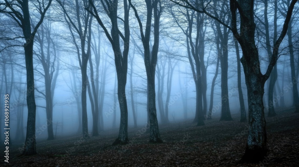 Mysterious fog envelops a chilling forest, where haunting trees stand tall in the mist. A foggy forest atmosphere creates an eerie scene, ideal for a captivating image. Mysterious fog envelops a chilling forest, where haunting trees stand tall in the mist. A foggy forest atmosphere creates an eerie scene, ideal for a captivating image.