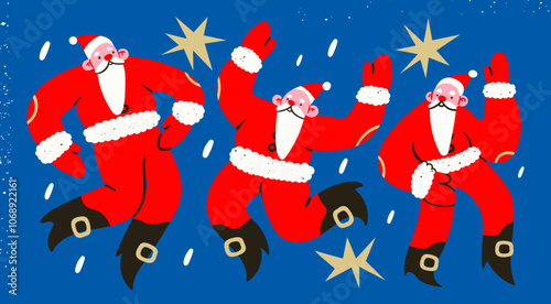 Dancing, jumping happy Santa Claus. Cheerful cute characters set. Christmas, New year celebration concept. Cartoon flat style. Hand drawn trendy Vector illustration. Isolated design elements