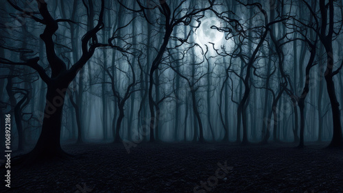 a dark foggy forest at night with twisted bare trees and thick mist covering the ground the scene 