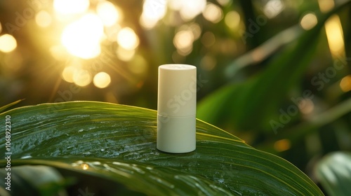 Antiperspirant deodorant stick placed on a green leaf outdoors, emphasizing its role in personal care and body hygiene. The antiperspirant deodorant offers a fresh approach to daily care. photo