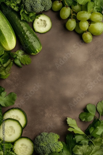 Fresh green vegetables and fruits on rustic background