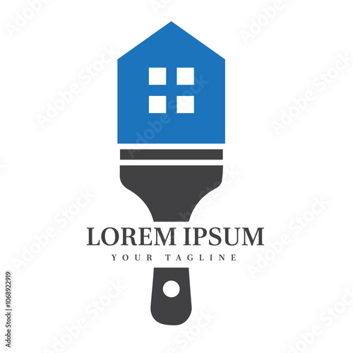 Modern House and Brush Icon in Blue and Gray Ideal for Real Estate, Home Improvement, and Painting Service Branding